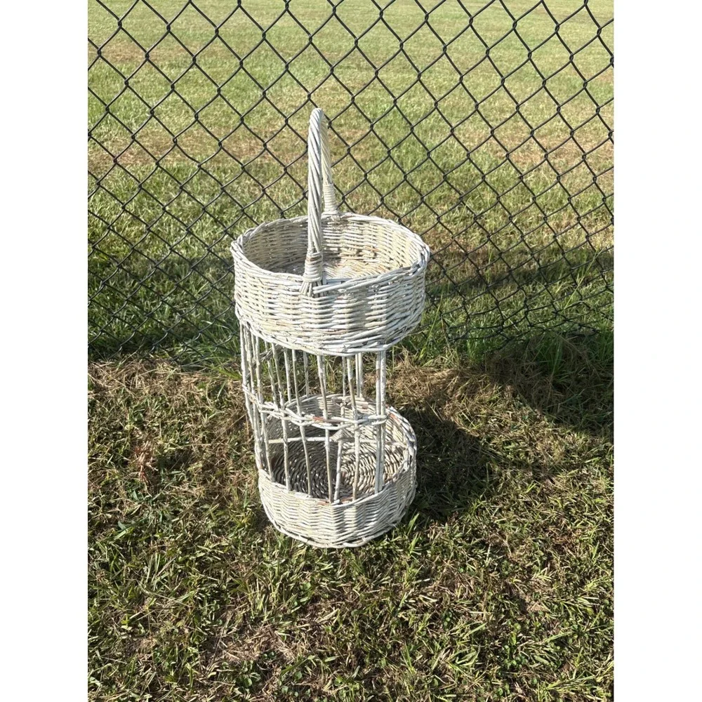 Vintage White Wicker Tiered Basket Stand Shabby Chic 2-Tier Woven Handle Decor